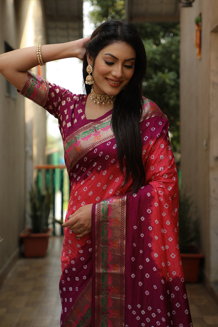 Peach Swastik Pure Bandhej Silk Saree With Minakari Border Kalash & Swastik Design Rich Pallu Saree