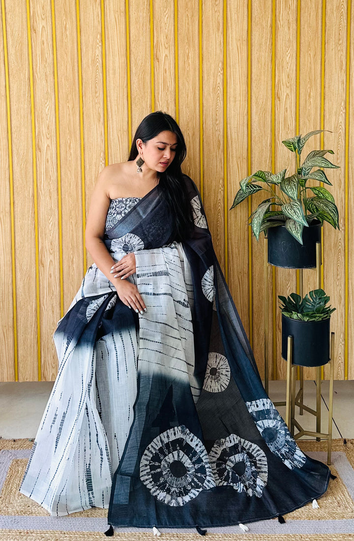 White And Black Aarya-2 Soft Linen Cotton Digital Print Sarees With Batik Print With Silver Border