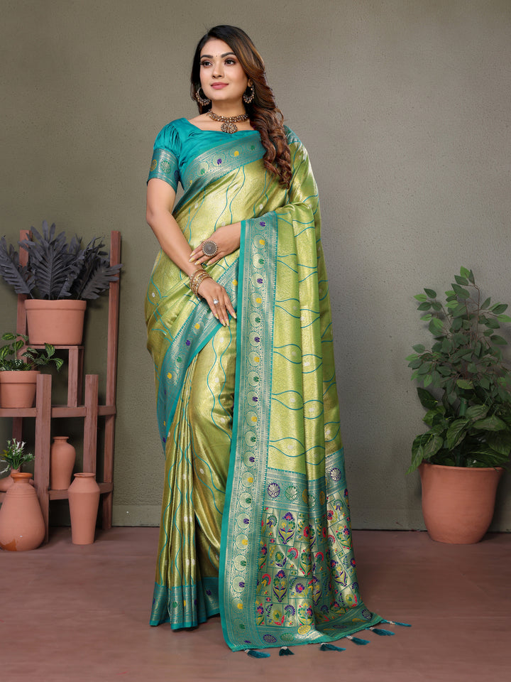 Green Vasant Banarasi Tissue Silk Saree With Laheriya Woven Borders & Contrast Banarasi Pallu