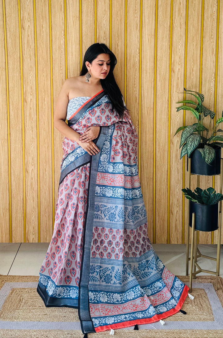 Multi Shukriya Soft Linen Cotton Digital Print Saree With Batik Print With Silver Border