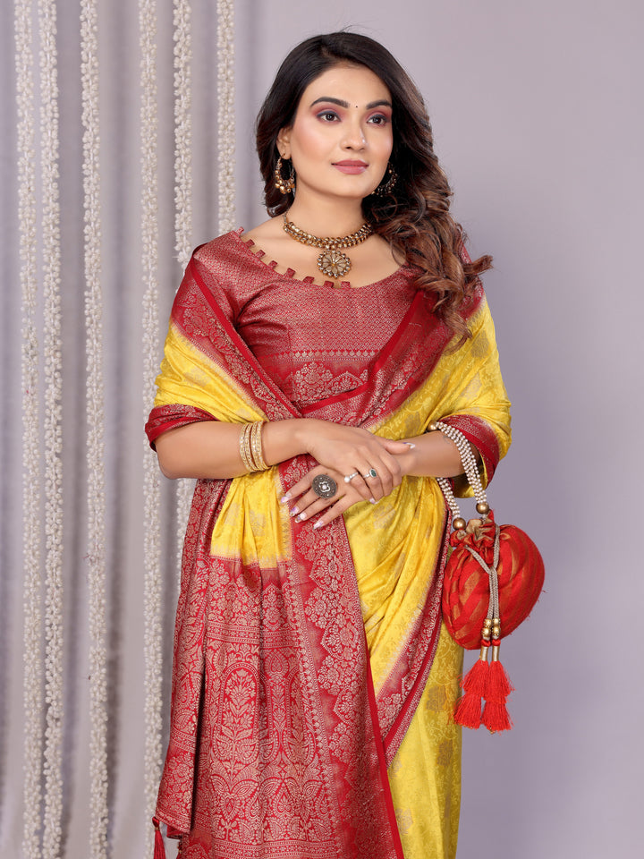 Lemon-yellow Sandhya Satin Silk Sarees With Butta Designs & Contrast Zari Woven Borders