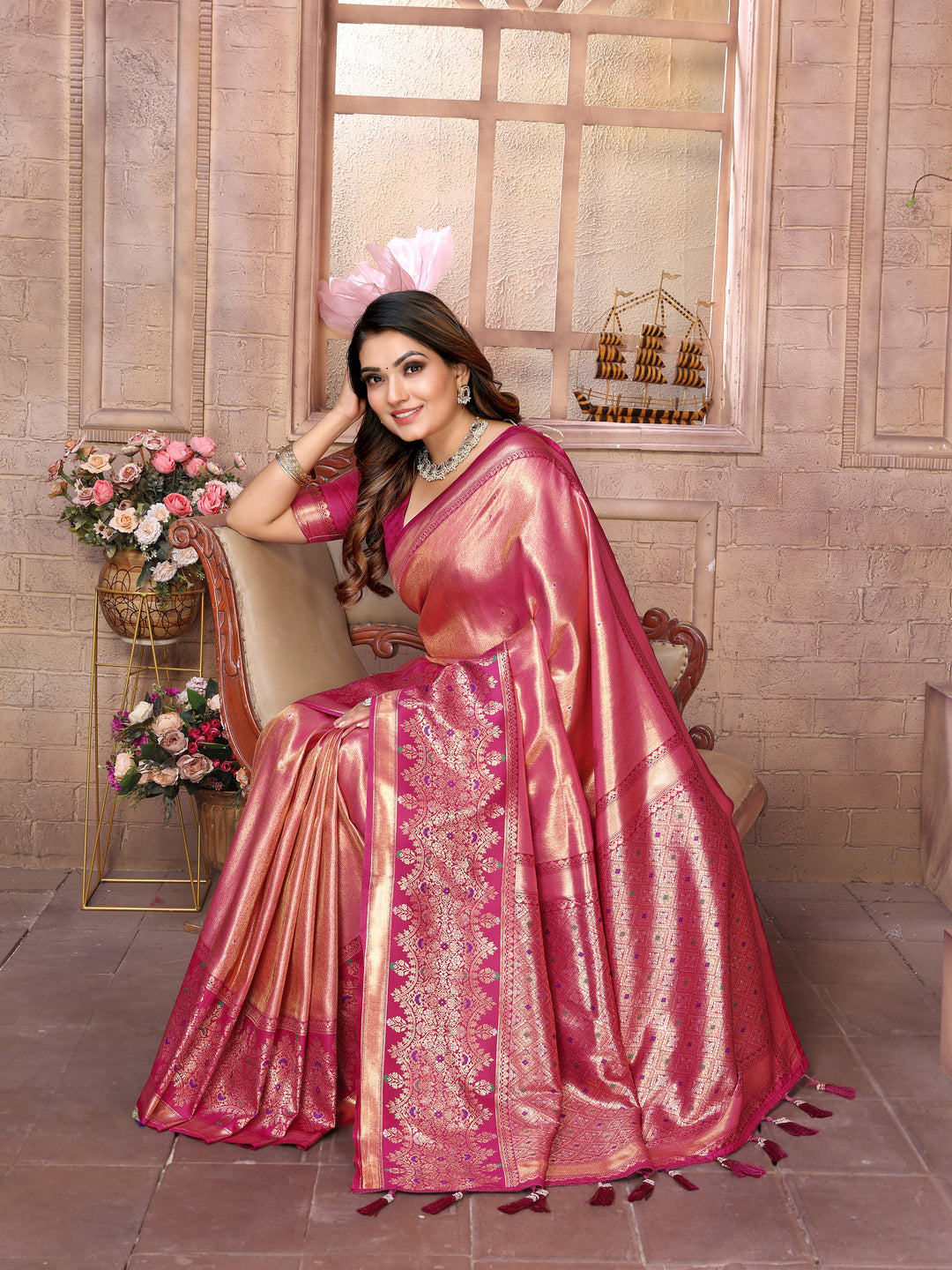 Pink Sundari Banarasi Tissue Silk Saree With Contrast Banarasi Woven Borders & Pallu