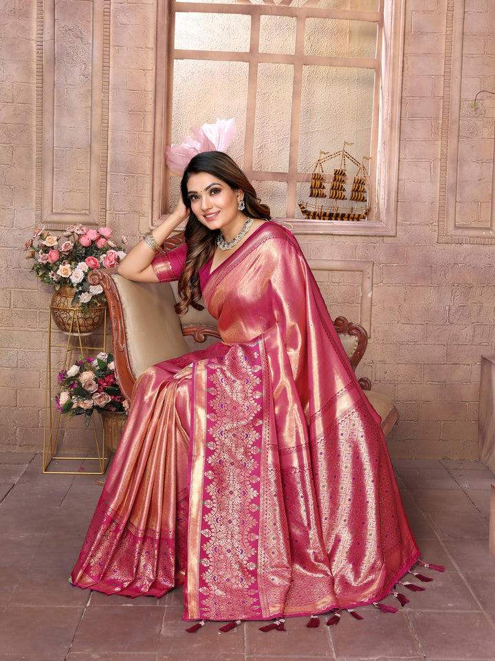 Pink Sundari Banarasi Tissue Silk Saree With Contrast Banarasi Woven Borders & Pallu