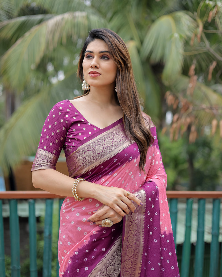 Pink Devika Dola Soft Silk Bandhej Sarees Jari Paithani Weaving Border & Weaving Paithani Style Rich Pallu