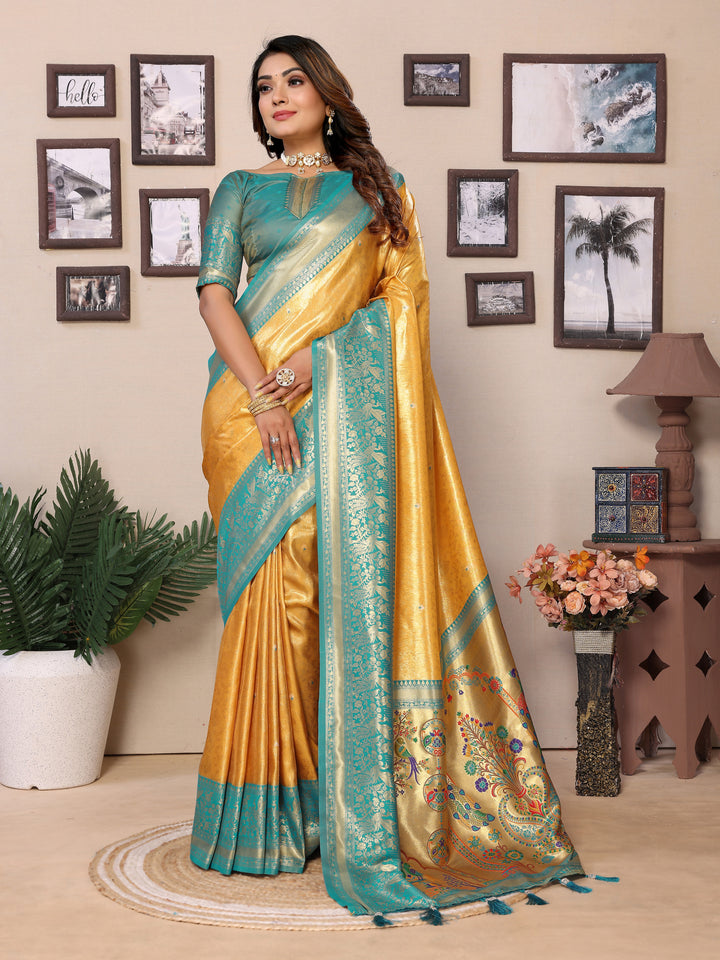Yellow-Green Vantara Banarasi Tissue Silk Saree With Contrast Paithani Woven Borders & Pallu