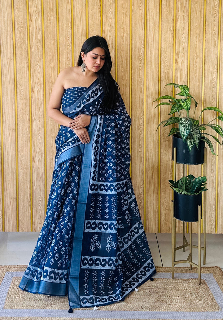 Blue Aarya-3 Soft Linen Cotton Digital Print Sarees With Batik Print With Silver Border