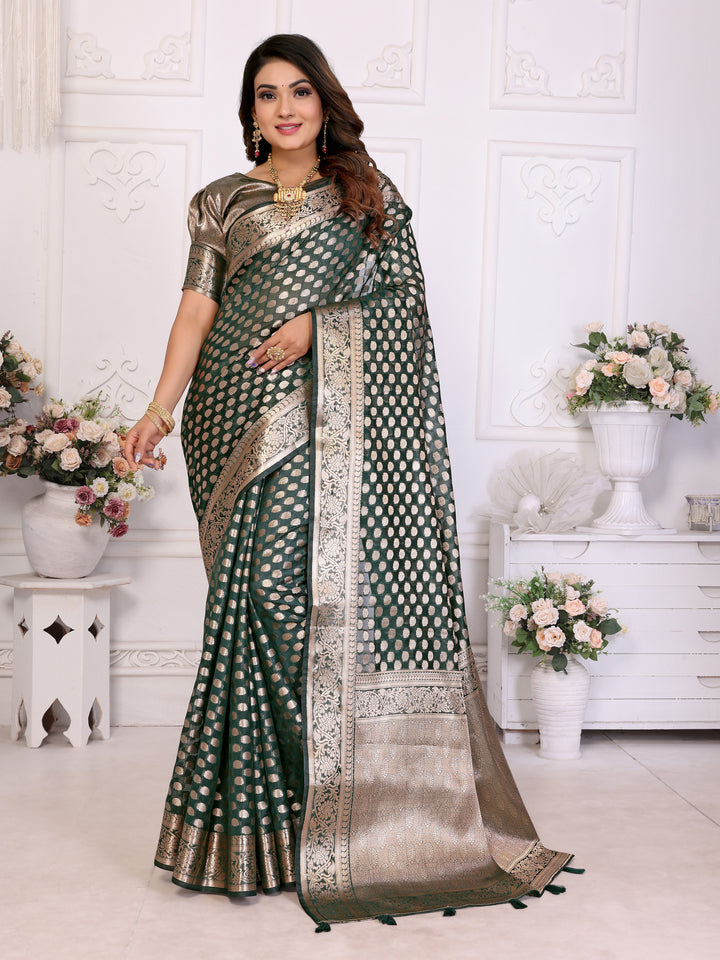 Green Aruni Soft Organza Silk Banarasi Saree With Unique Butta With Unique Colours