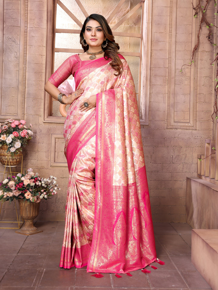 Cream-Pink Chaturi-1 Banarasi Chaturi silk saree Jari weaving Border and Weaving rich pallu