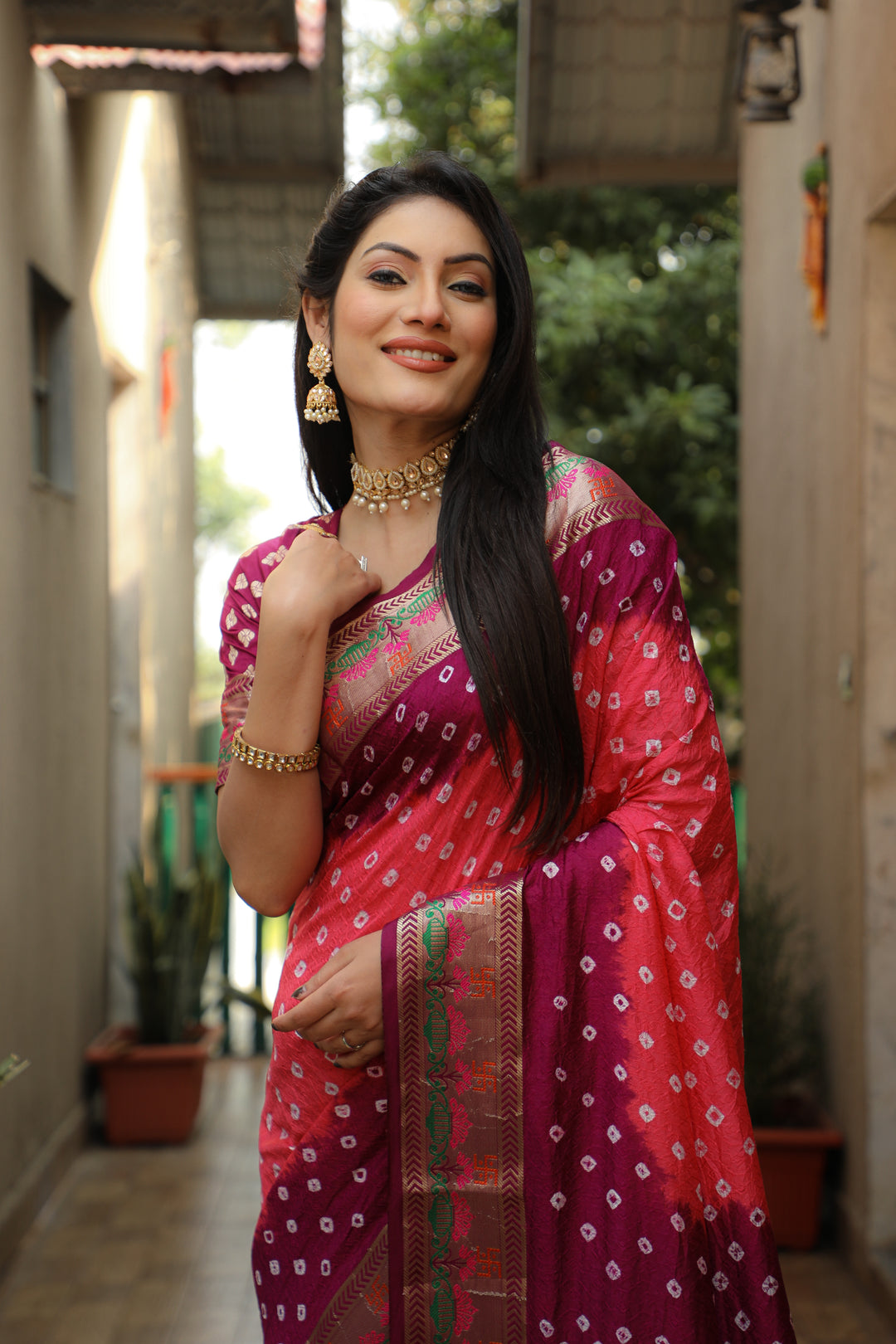 Peach Swastik Pure Bandhej Silk Saree With Minakari Border Kalash & Swastik Design Rich Pallu Saree