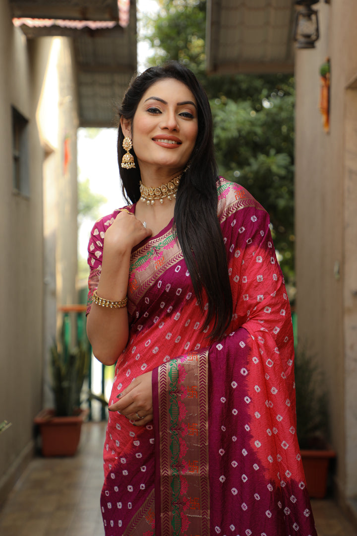 Peach Swastik Pure Bandhej Silk Saree With Minakari Border Kalash & Swastik Design Rich Pallu Saree