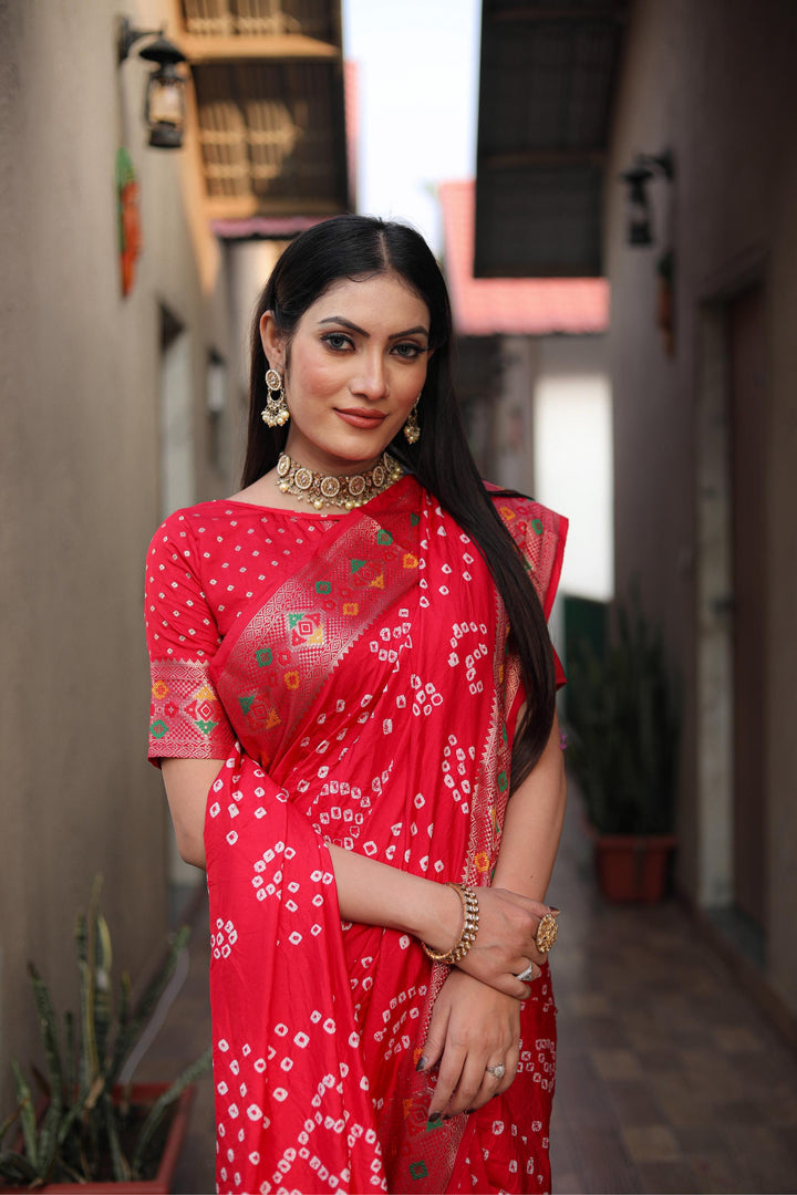 Red Mayraa Pure Bandhej Silk Saree With Patola Border Zari Weaving Paithani And Paithani Rich Pallu