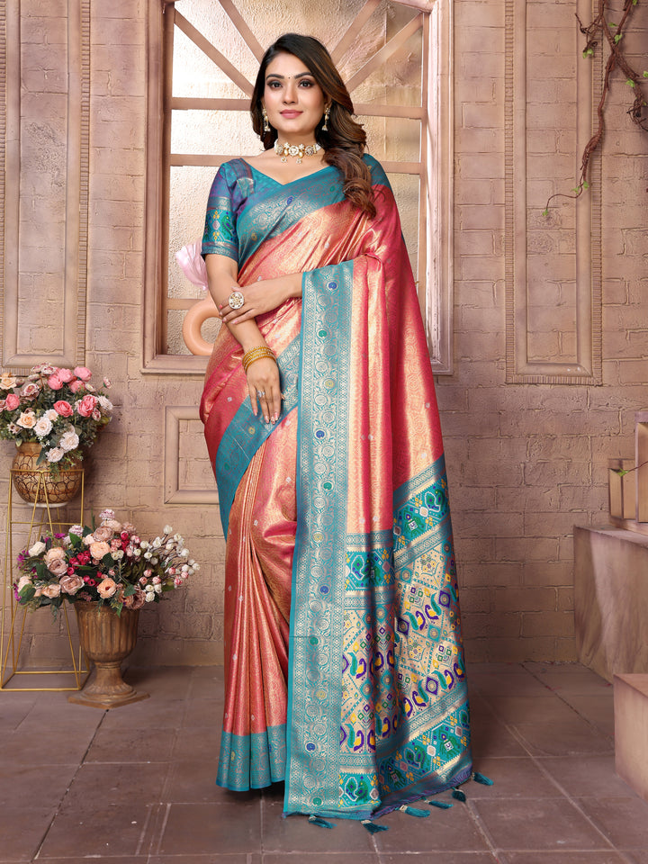 Pink Vimala Banarasi Silk Saree With Contrast Paithani Woven Borders & Pallu