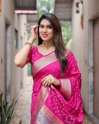 Dark Pink Yashomati Dola Soft Silk Bandhej Sarees With Awesome Two Sides Jari Border &  Paithani Style Rich Pallu