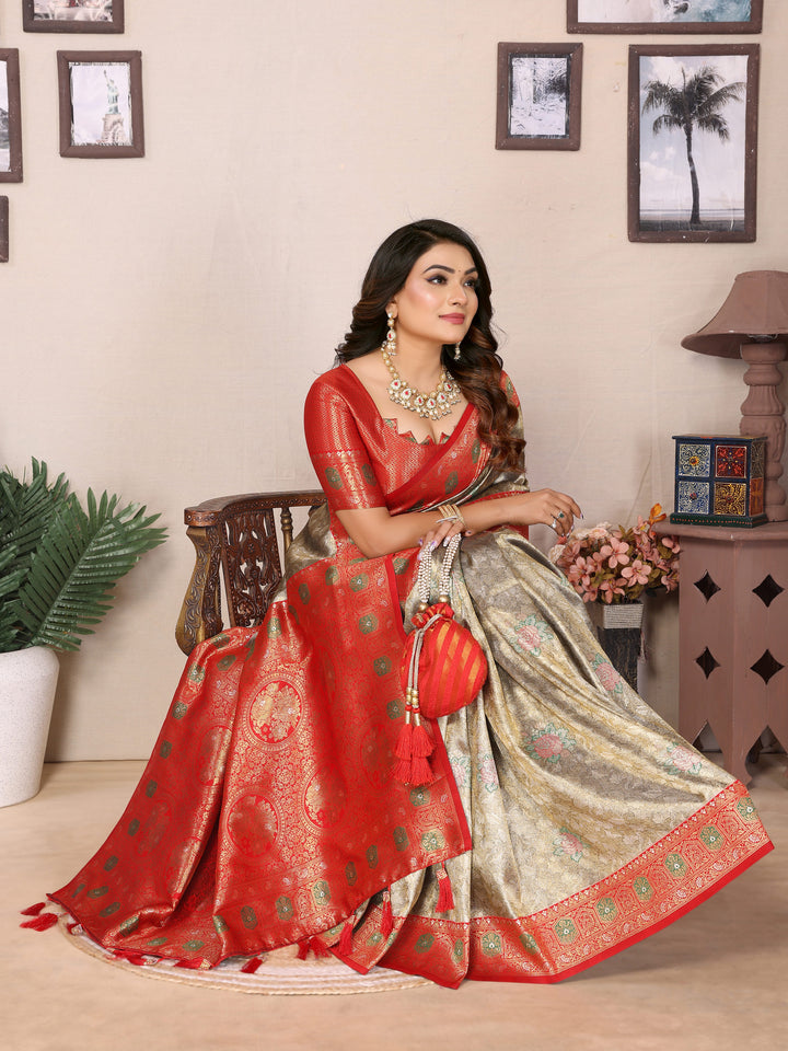 Gray Saroj Banarasi Silk Saree With Contrast Paithani Woven Borders & Pallu