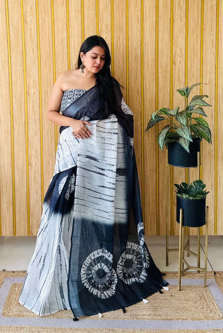 White And Black Aarya-2 Soft Linen Cotton Digital Print Sarees With Batik Print With Silver Border