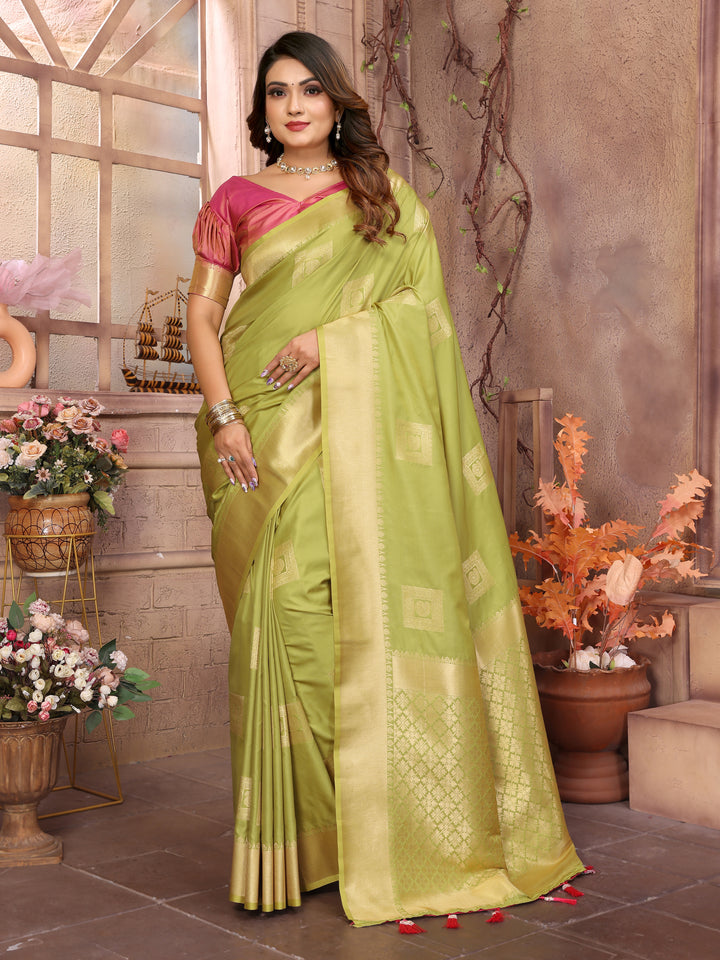 Green Sameera Lichi soft Silk sarees & woven Butta concept With woven Zari borders both sides