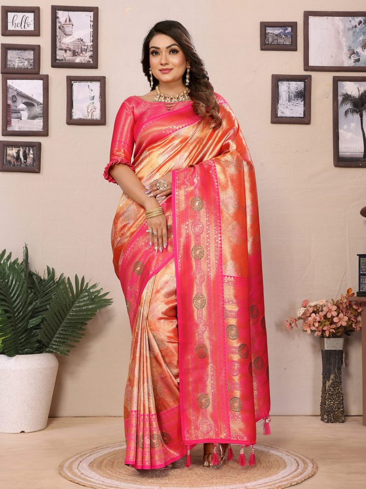Orange Sonali Banarasi Silk Saree With Contrast Paithani Woven Borders & Pallu