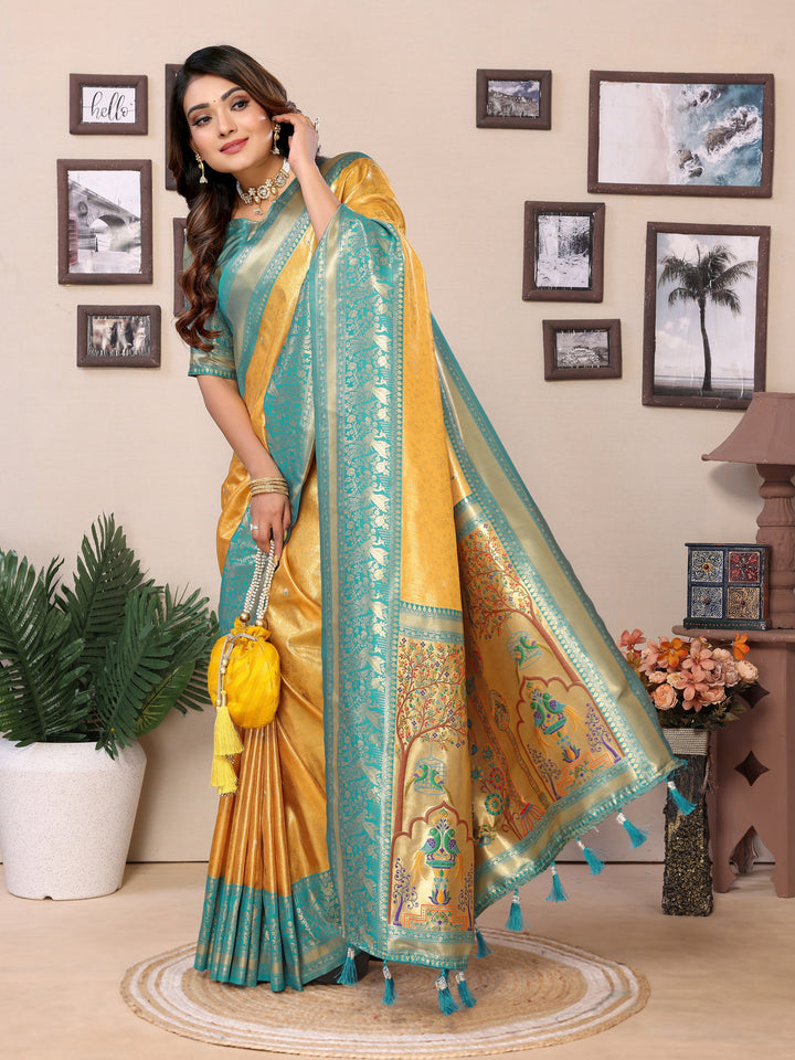 Yellow-Green Vantara Banarasi Tissue Silk Saree With Contrast Paithani Woven Borders & Pallu
