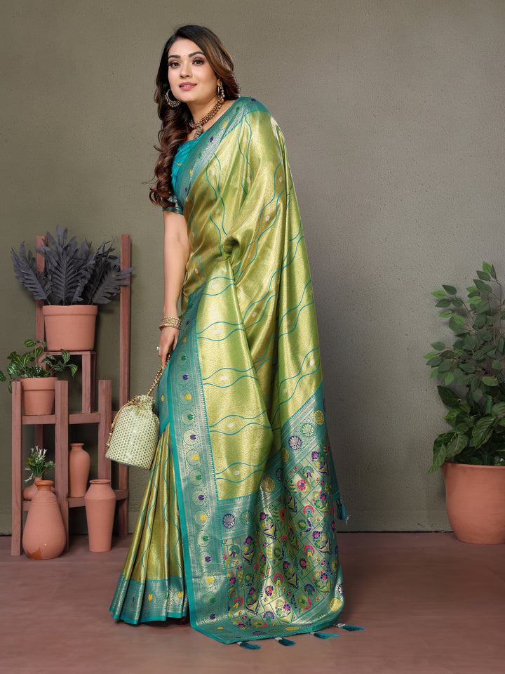 Green Vasant Banarasi Tissue Silk Saree With Laheriya Woven Borders & Contrast Banarasi Pallu