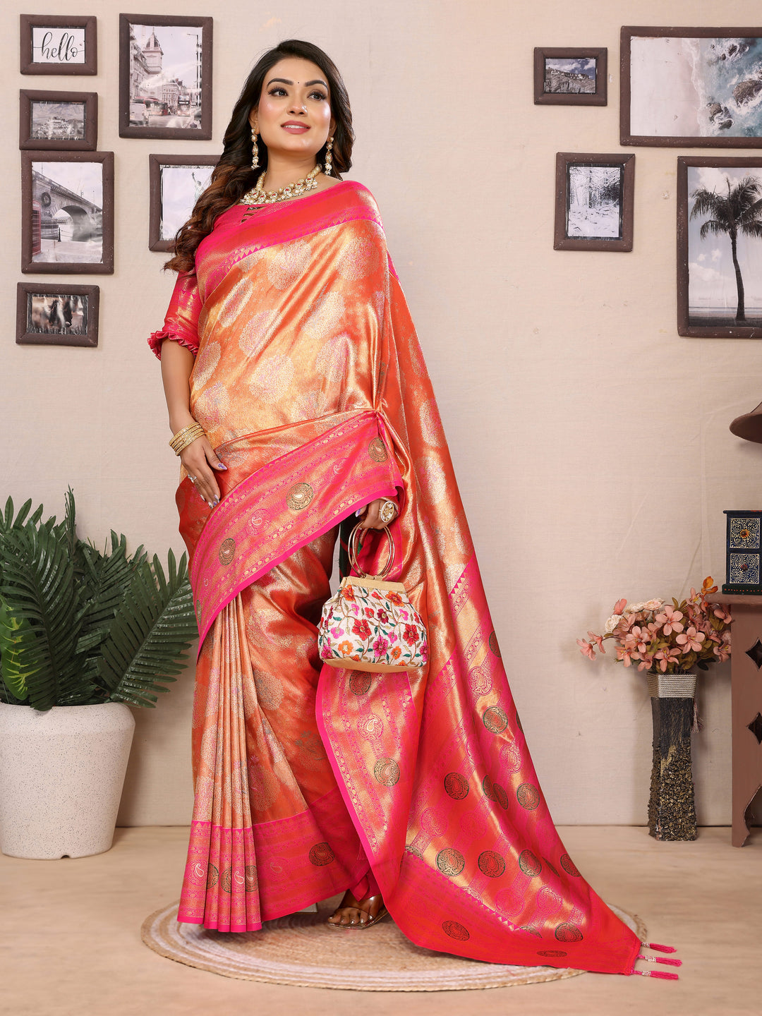 Orange Sonali Banarasi Silk Saree With Contrast Paithani Woven Borders & Pallu