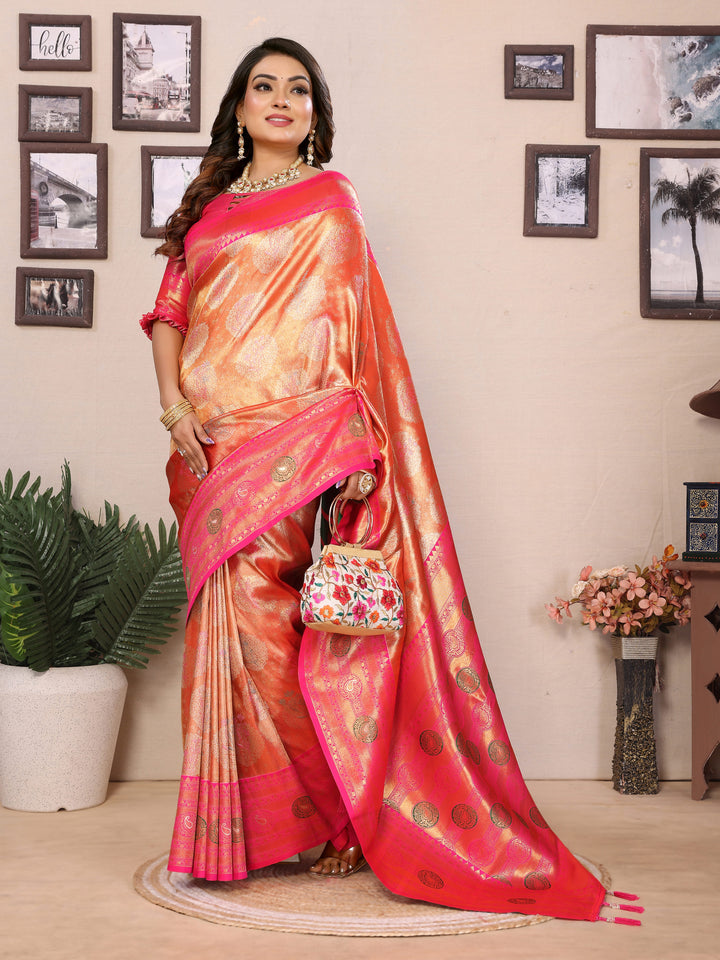 Orange Sonali Banarasi Silk Saree With Contrast Paithani Woven Borders & Pallu