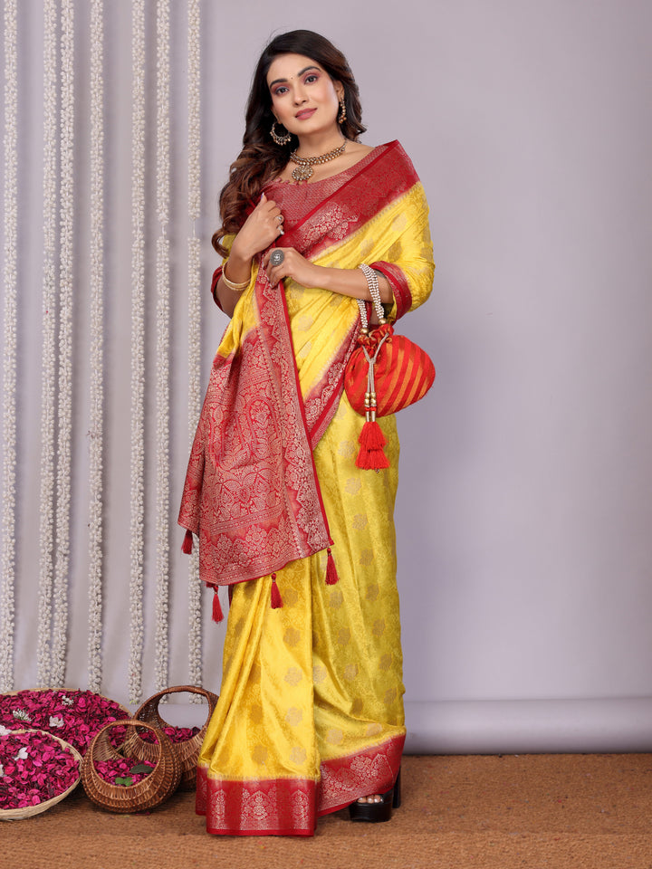 Lemon-yellow Sandhya Satin Silk Sarees With Butta Designs & Contrast Zari Woven Borders