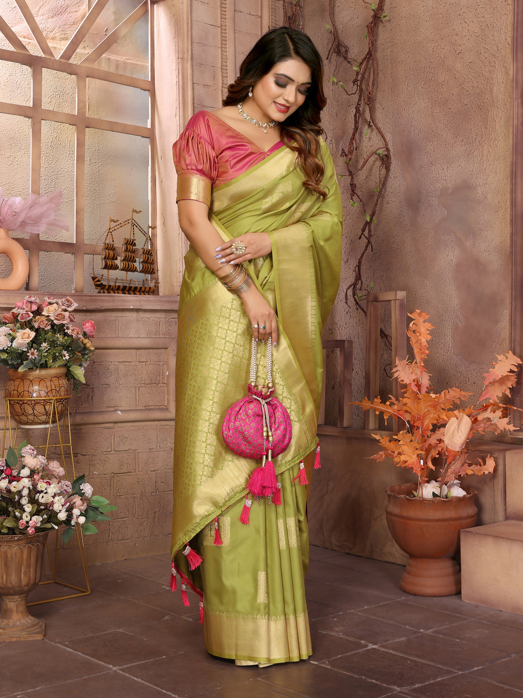 Green Sameera Lichi soft Silk sarees & woven Butta concept With woven Zari borders both sides