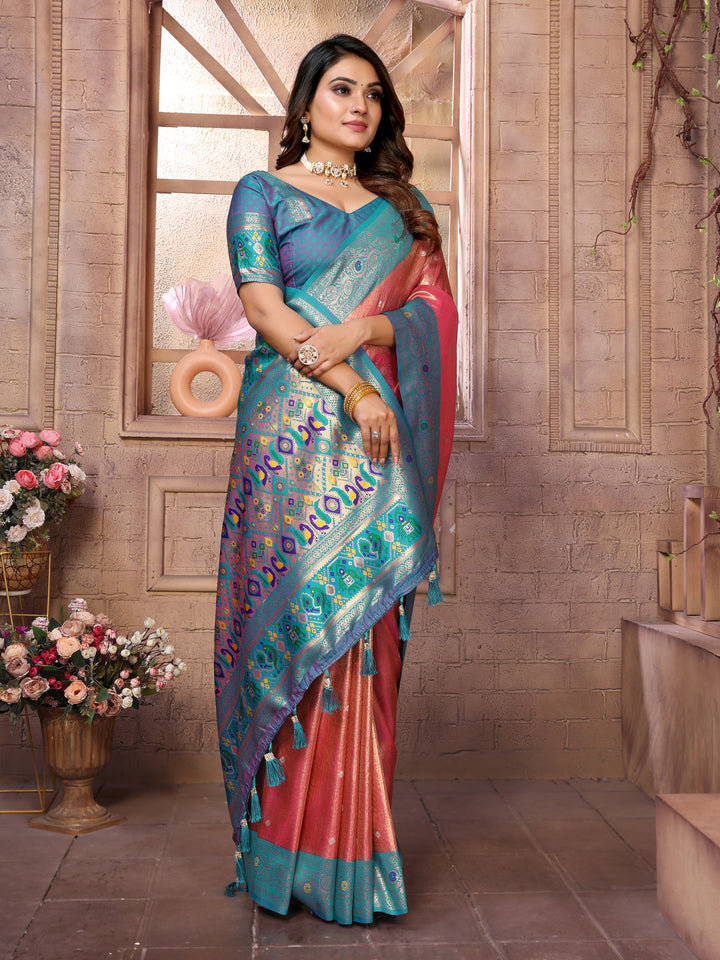 Pink Vimala Banarasi Silk Saree With Contrast Paithani Woven Borders & Pallu