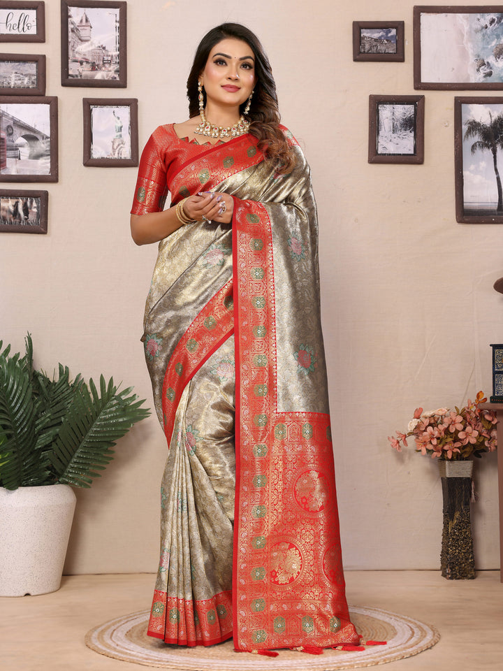 Gray Saroj Banarasi Silk Saree With Contrast Paithani Woven Borders & Pallu