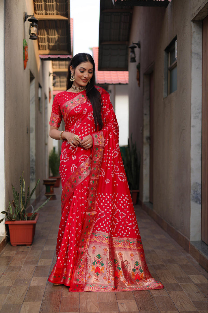 Red Mayraa Pure Bandhej Silk Saree With Patola Border Zari Weaving Paithani And Paithani Rich Pallu