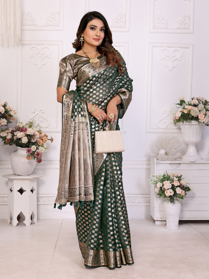 Green Aruni Soft Organza Silk Banarasi Saree With Unique Butta With Unique Colours