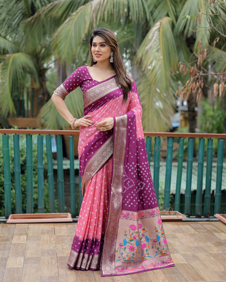 Pink Devika Dola Soft Silk Bandhej Sarees Jari Paithani Weaving Border & Weaving Paithani Style Rich Pallu