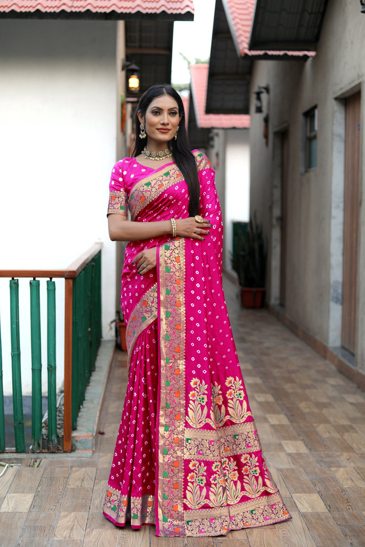 Pink Nazakat Pure Bandhej Silk Saree With Patola Border Zari Weaving Paithani And Paithani Rich Pallu