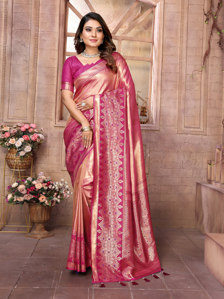 Pink Sundari Banarasi Tissue Silk Saree With Contrast Banarasi Woven Borders & Pallu