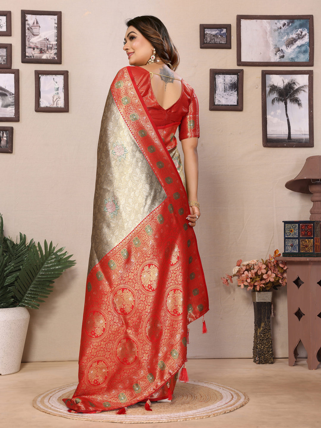 Gray Saroj Banarasi Silk Saree With Contrast Paithani Woven Borders & Pallu