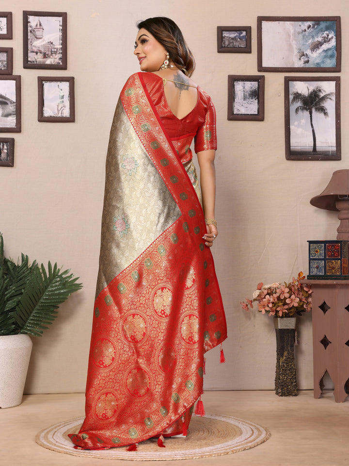 Gray Saroj Banarasi Silk Saree With Contrast Paithani Woven Borders & Pallu