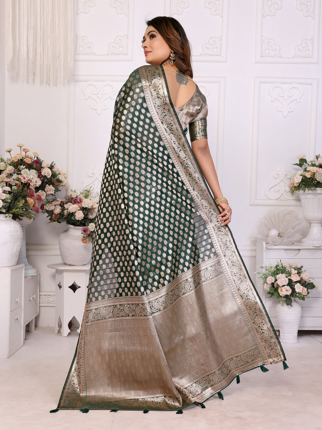 Green Aruni Soft Organza Silk Banarasi Saree With Unique Butta With Unique Colours