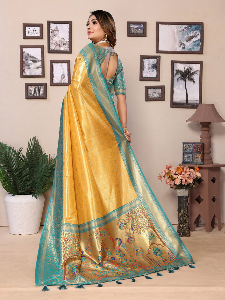 Yellow-Green Vantara Banarasi Tissue Silk Saree With Contrast Paithani Woven Borders & Pallu