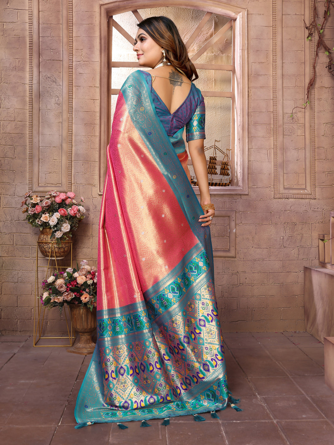 Pink Vimala Banarasi Silk Saree With Contrast Paithani Woven Borders & Pallu