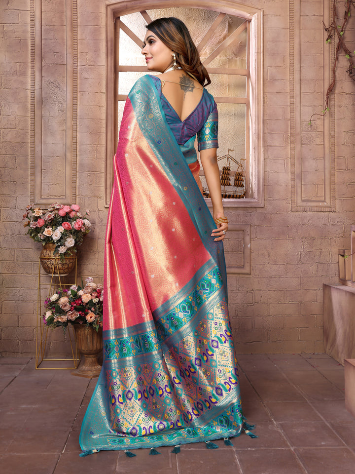 Pink Vimala Banarasi Silk Saree With Contrast Paithani Woven Borders & Pallu