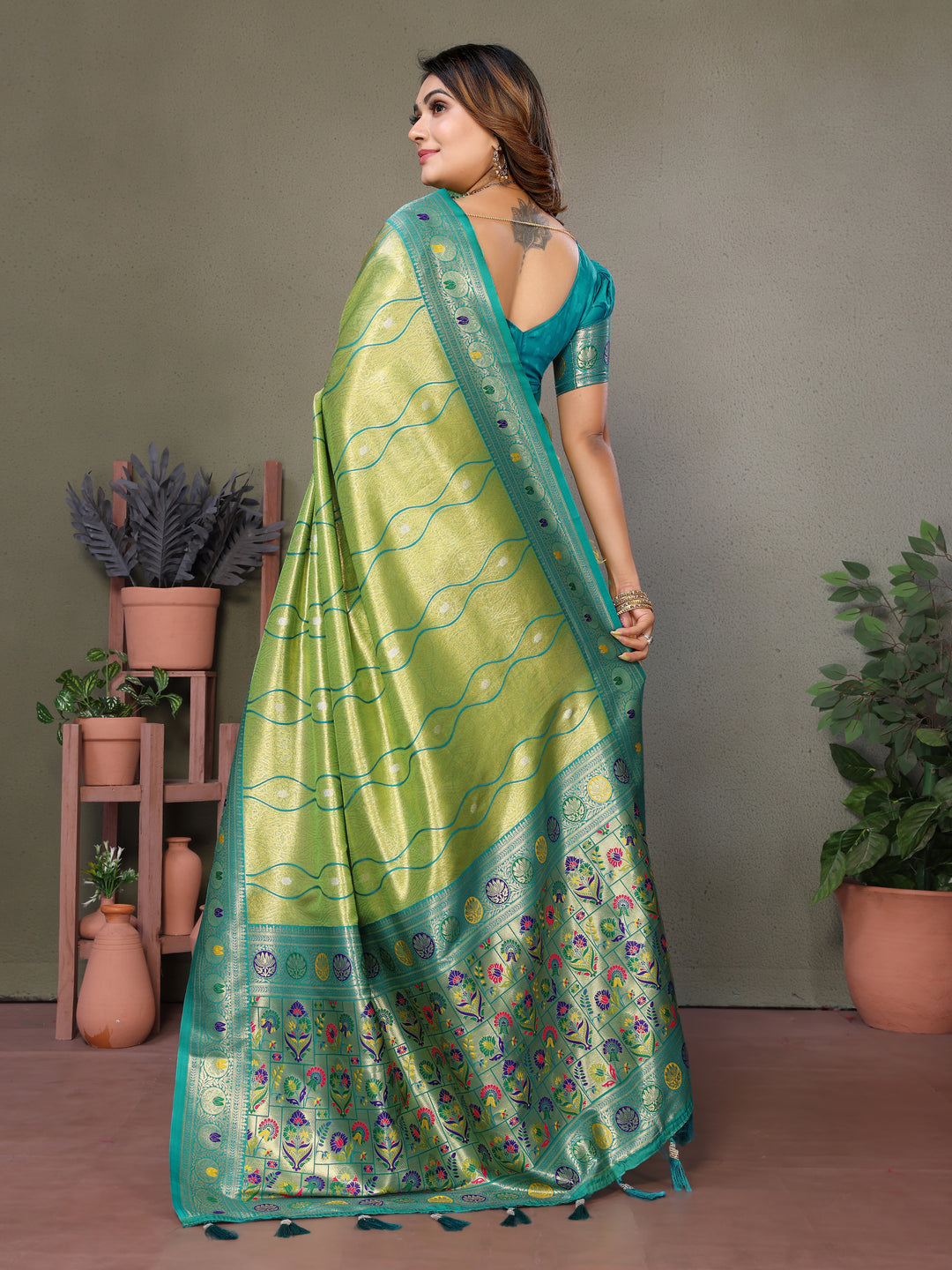 Green Vasant Banarasi Tissue Silk Saree With Laheriya Woven Borders & Contrast Banarasi Pallu