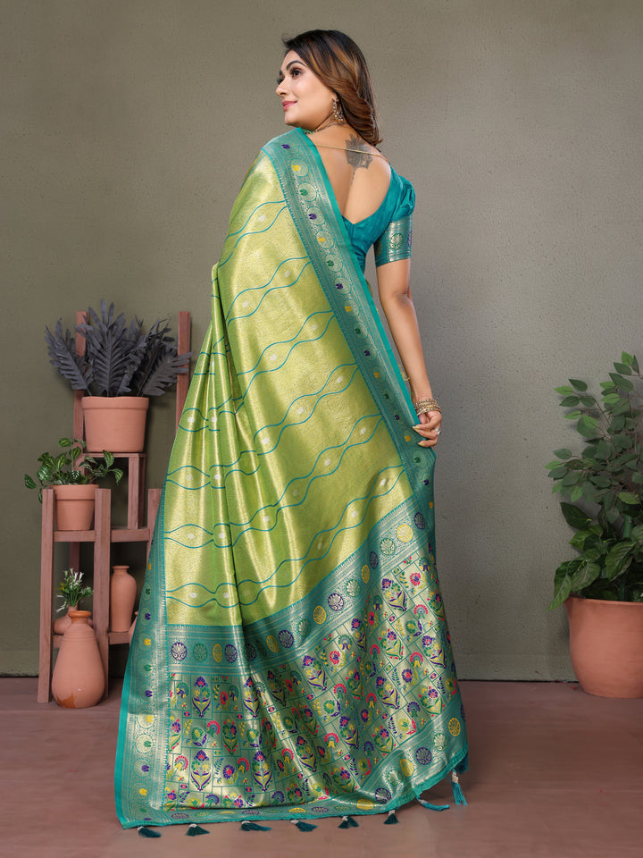 Green Vasant Banarasi Tissue Silk Saree With Laheriya Woven Borders & Contrast Banarasi Pallu