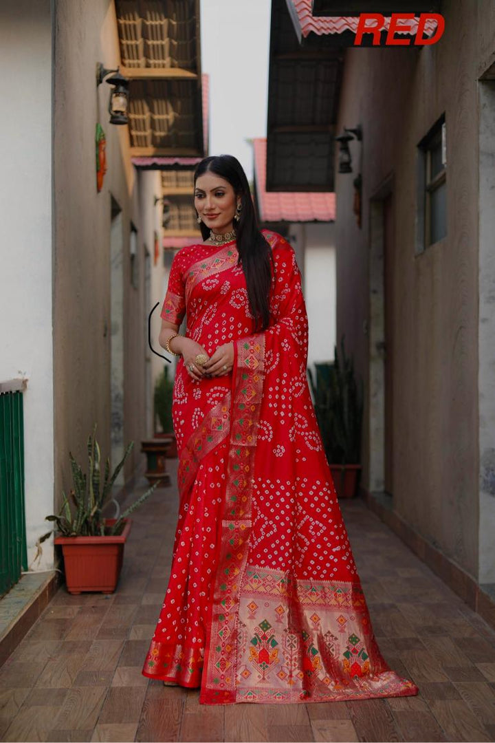 Red Mayraa Pure Bandhej Silk Saree With Patola Border Zari Weaving Paithani And Paithani Rich Pallu