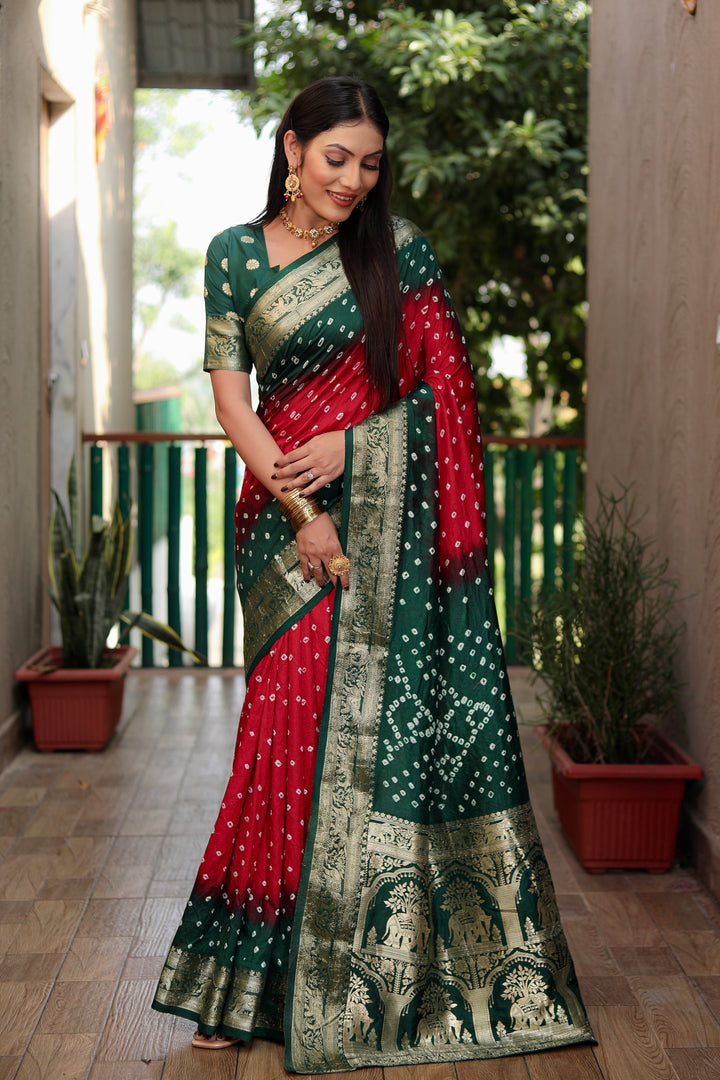 Red Vahini Pure Bandhej Silk Saree With Bandhej Border & Zari Weaving Rich Tissue Pallu