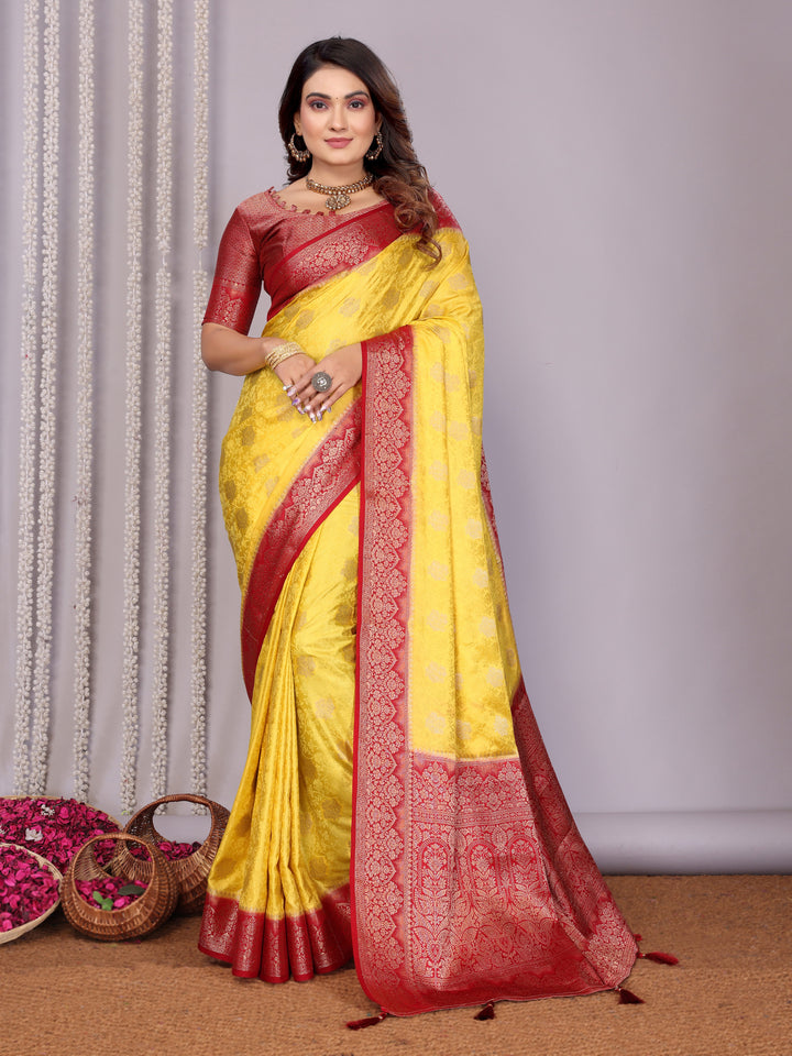 Lemon-yellow Sandhya Satin Silk Sarees With Butta Designs & Contrast Zari Woven Borders