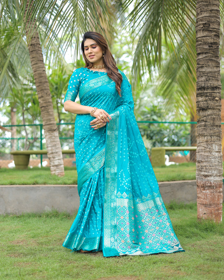 Sky Padmavati Dola Soft Silk Bandhej Saree With All Over Handmade Bandhej With Jari Weaving Border