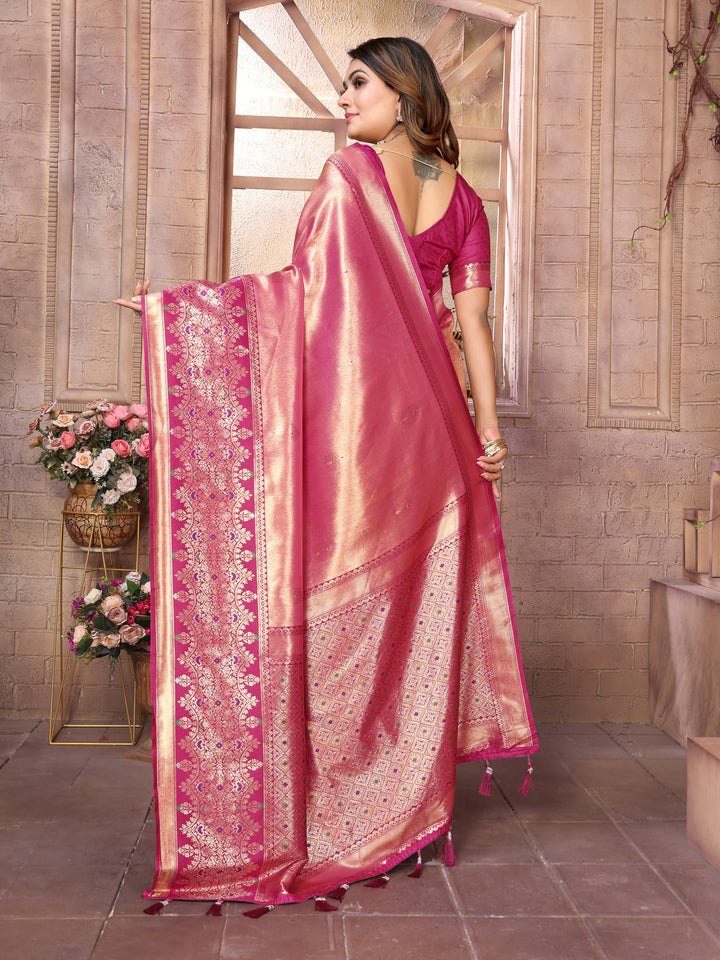 Pink Sundari Banarasi Tissue Silk Saree With Contrast Banarasi Woven Borders & Pallu