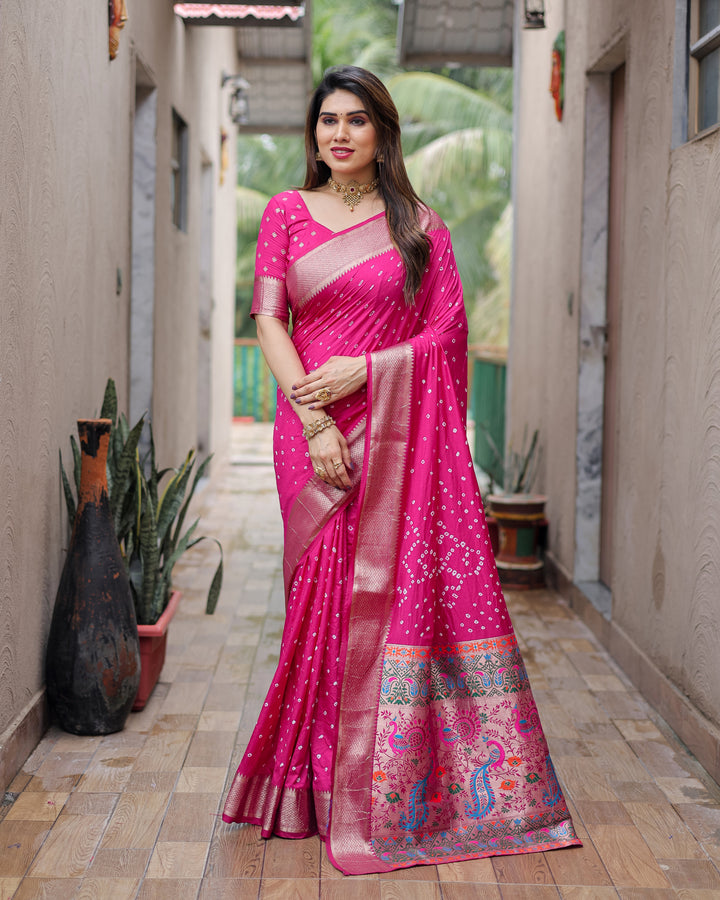 Dark Pink Yashomati Dola Soft Silk Bandhej Sarees With Awesome Two Sides Jari Border &  Paithani Style Rich Pallu