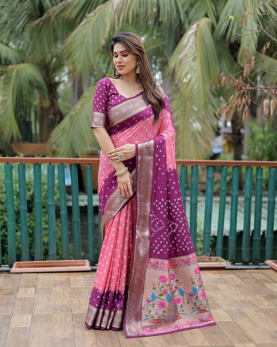Pink Devika Dola Soft Silk Bandhej Sarees Jari Paithani Weaving Border & Weaving Paithani Style Rich Pallu