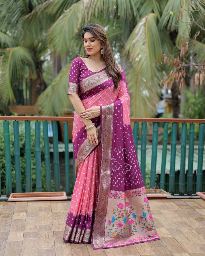 Pink Devika Dola Soft Silk Bandhej Sarees Jari Paithani Weaving Border & Weaving Paithani Style Rich Pallu